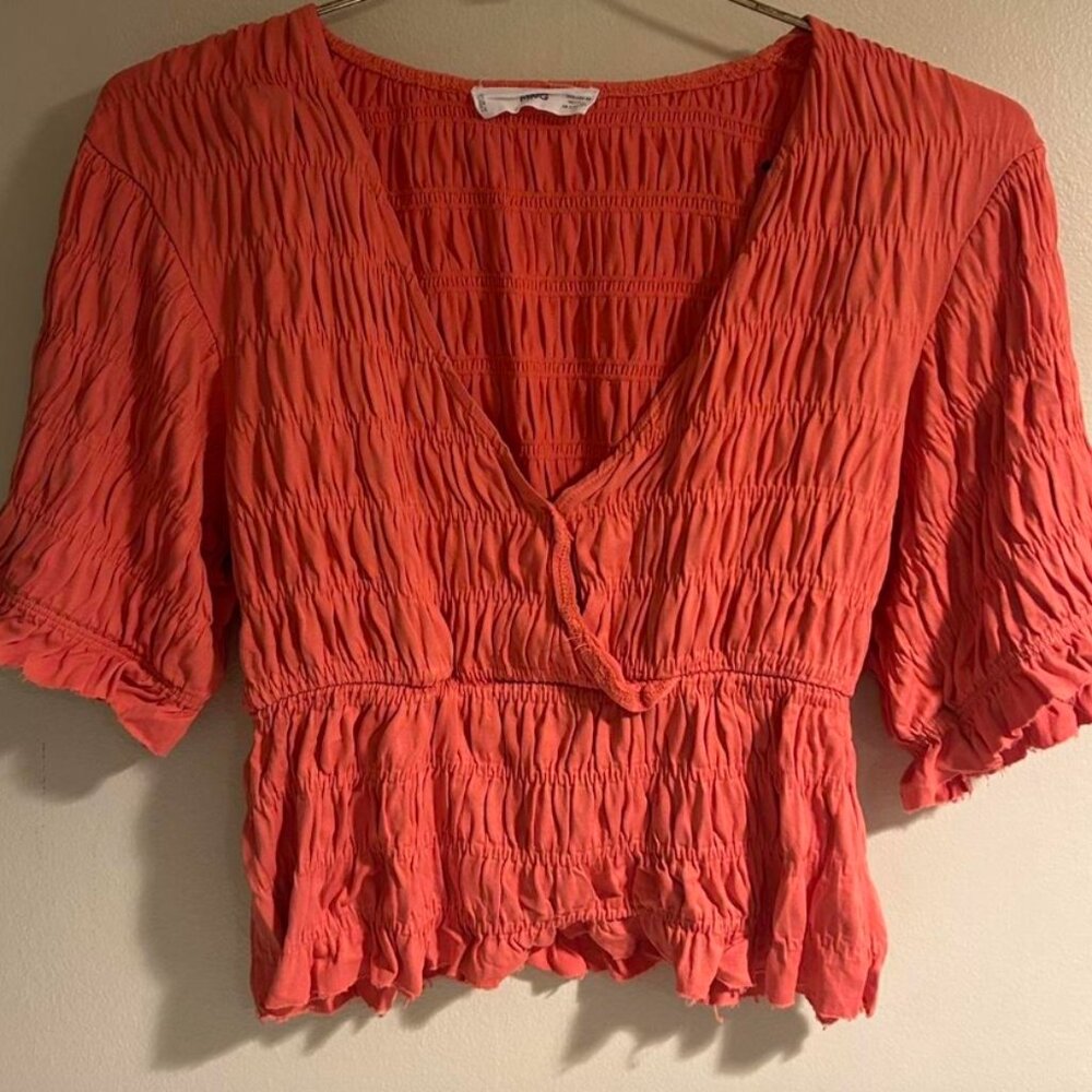 Pink shirred v neck top from Mango